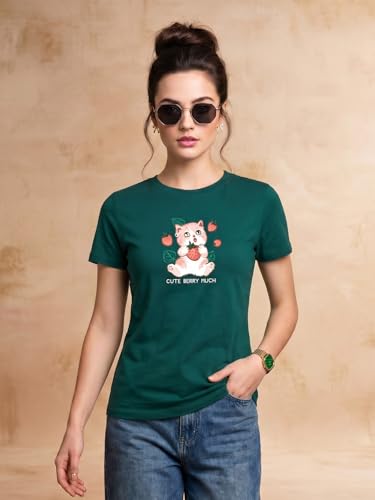 Image of JUNEBERRY Women's Regular Fit Pure Cotton Printed T-Shirt | Soft Fabric, Breathable Comfort | Round Neck, Half Sleeves, Round Neck (Size: S to 2XL)