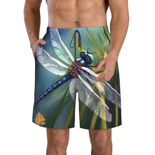 Dragonfly Painting Men's Swim Trunks Quick Dry Board Shorts with Pockets Casual Drawstring Beach Shorts