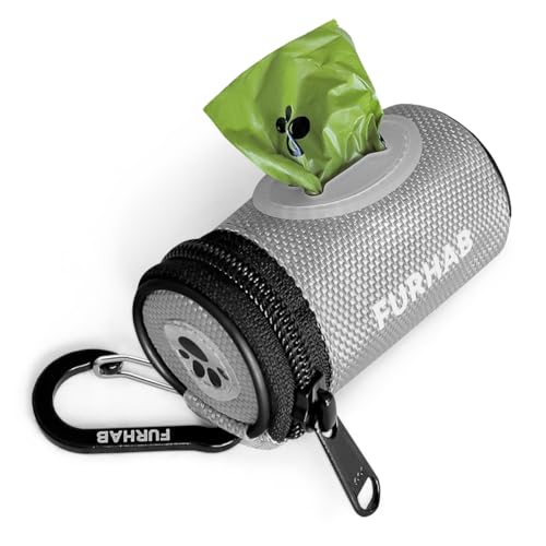 Image of FURHAB Glow Dog Poop Bag Holder for Leash Doggie Waste Bag Dispenser Puppy Potty Carrier Small Doggy Zipper Pouch with Carabiner Clip 1680D Nylon Oxford with 1 Roll of Pet Trash Bags, Silver