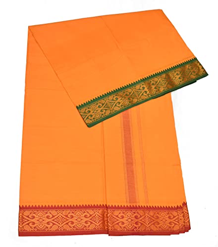 Image of TUNI MANI Men's Panchakacham Dhoti with Angavasthram Towel, Jari Border, 100% Cotton, Size: 9 X 5 (4.0mtr Dhoti, 2.25mtr Towel) (Unstitched)