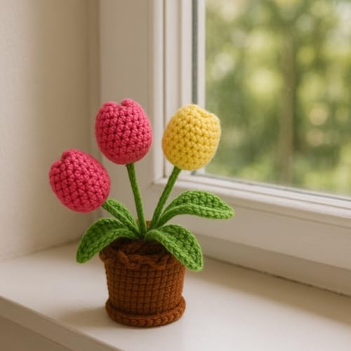 Image of Clapjoy Handmade Crochet Tulip Flower Pot - 3 Wool Flowers (2 Pink, 1 Yellow) in Brown Pot | Home Decor | Gifting Item for Girls, Women, Kids | Soft Toy Plant for Table or Desk