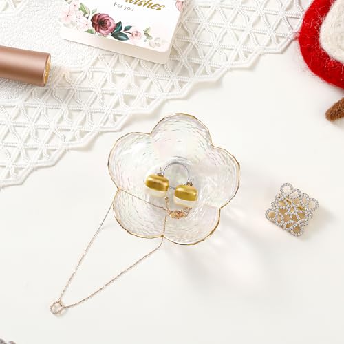 Image of White Flower Jewelry Dish Glass Ring Dish Jewelry Tray Cute Vanity Organizer Room Decor Aesthetic Nightstand Bathroom Decor Trinket Dish Ring Holder Jewellery Tray Valentine's Birthday Gifts for Women