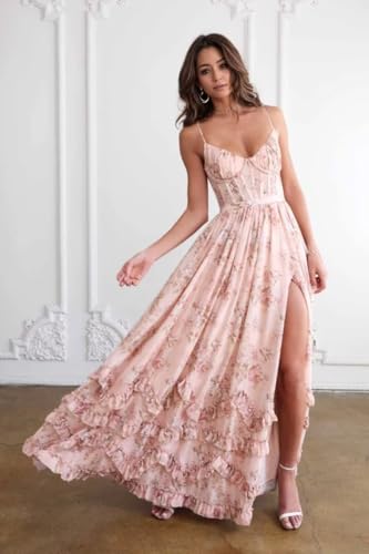 Guramisi Floral Print Prom Dress Chiffon Spaghetti Straps Long Formal Gowns V-Neck A Line Evening Party Dress2