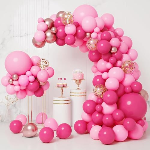 Image of CANREVEL 125Pcs Pink Balloon Garland Arch Kit, Hot Pink Metallic Rose Gold Confetti Latex Balloons for Baby Girl Shower Princess Birthday Wedding Valentine's Party Decorations