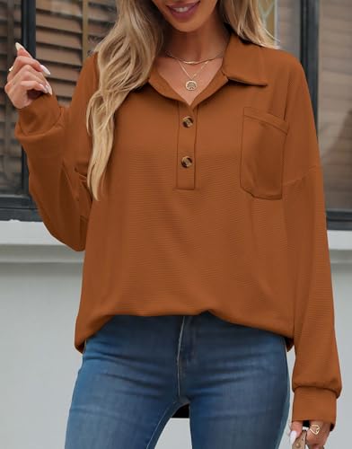 Image of ZAAYO Women Waffle Knit Tops Henley Shirts V Neck Long Sleeve Solid Color Casual Tunics Blouse