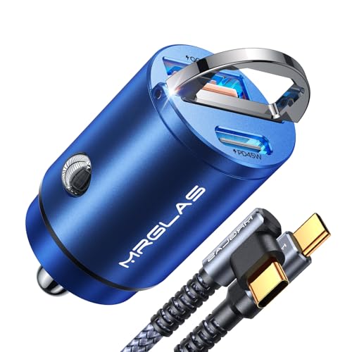 Image of MRGLAS 90W USB C Car Charger Fast Charge, PD45W & QC45W, Flush Fit, Extra 3.3ft Type C Cable, All Metal, Cigarette Lighter USB Charger for iPhone 16 15 Samsung S25 S24 S23 Ultra Pixel 8 /8Pro /7-Blue