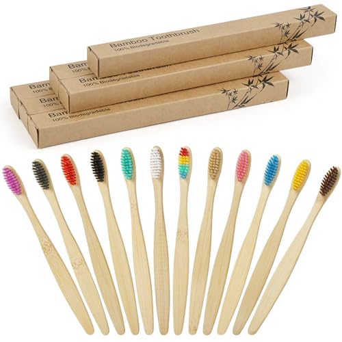 Vicloon Bambusowe szczoteczki do zębów dla dorosłych, 12 szt., przyjazne dla środowiska, naturalne drewniane szczoteczki do zębów, organiczne, biodegradowalne uchwyty, bez BPA, z miękkim włosiem