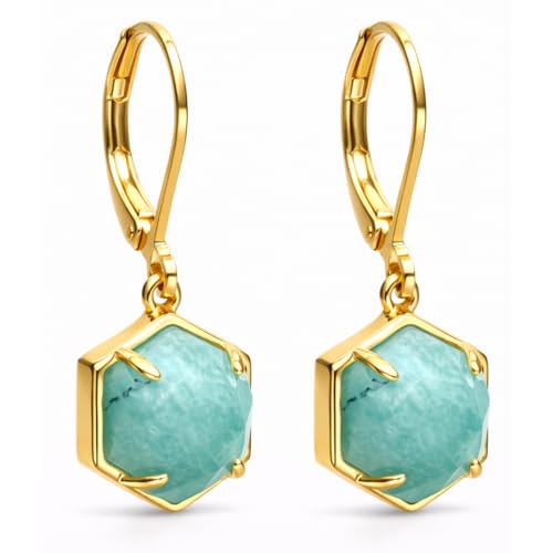 Image of Gempires Genuine Gemstone Drop Earrings for Women | Gold Hexagon Hoop Earrings | Natural Stone Dangle Earrings | Lightweight Everyday Jewellery | Birthstone Earrings (Amazonite)