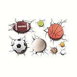 3D Sport Balls Wall Sticker Cracked Wall Sticker for Kids Living Room Decoration Detachable Wall Stickers Including Football, Basketball, Volleyball, Rugby, Tennis, Snooker, Bowling, Baseball