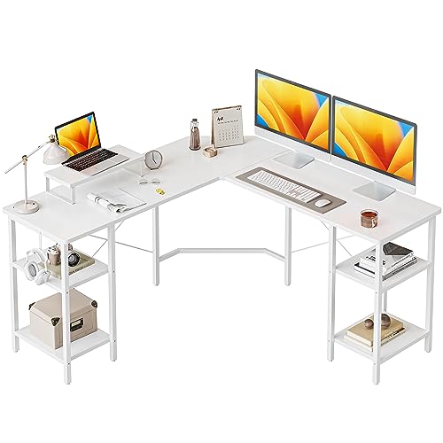 CubiCubi L Shaped Desk, 58.3 inch Computer Corner Desk with 2 Storage Shelves, Home Office Desk with Monitor Stand, White