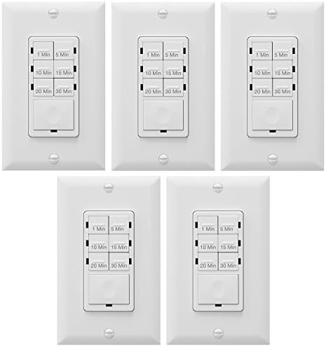 Bathroom Timer Countdown Switch, HET06A-R | In-Wall Electrical Timer for Fans, Electrical Outlets, Indoor and Outdoor lights,with On/Off switch | White - 5 Pack