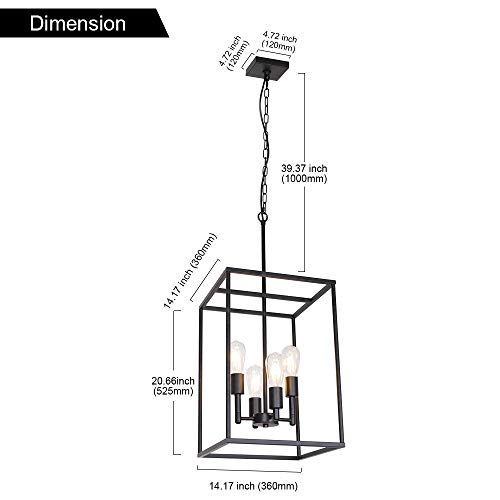 VINLUZ 4 Light Large Industrial Metal Farmhouse Pendant Light Black Square Wide Cage Chandelier with Painted Finish for Dining Room Foyer Living Room Cafe Bar - Thumbnail 4