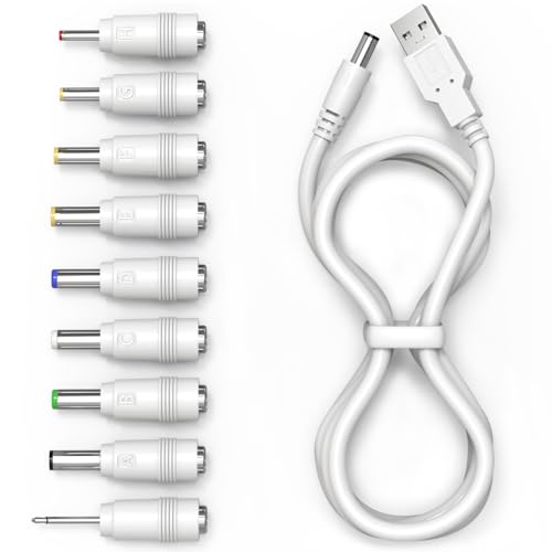 Cordro USB to DC 5V Power Cord Universal DC Plug Jack Charging Cable with 9 Adapters for Moon Lamp Massage Wand Router LED Light Mini Fan Speaker and More Devices (White)