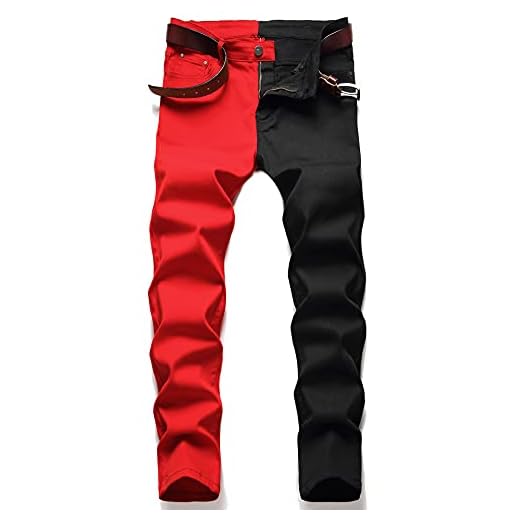 LONGBIDA Men's Slim Fit Skinny Jeans Patchwork Designer Stretch Denim Pants(Black Red,32)