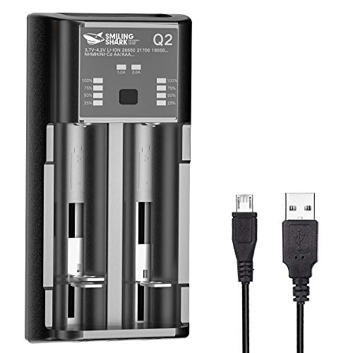 Smiling Shark Q2 Battery Charger 2 Bays for Rechargable Batteries Compatible Ni-MH/Cd AA AAA Li-ion 18650 26650 18700 18500 16650 14650 14500