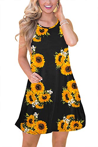 Spadehill Women's Sundress Floral Printed Boho Beach Swing Casual Pocket Sleeveless Cotton Tank Dress Sunflower L