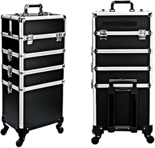KDBT プロ用メイクボックス 大型キャリーケース 鍵付き|大容量メイク収納に最適、コスメワゴン・ネイル機材・光療機まで収納可能|キャスター付きでポータブル、美容院プロ仕様に対応 (ブラック,4層)