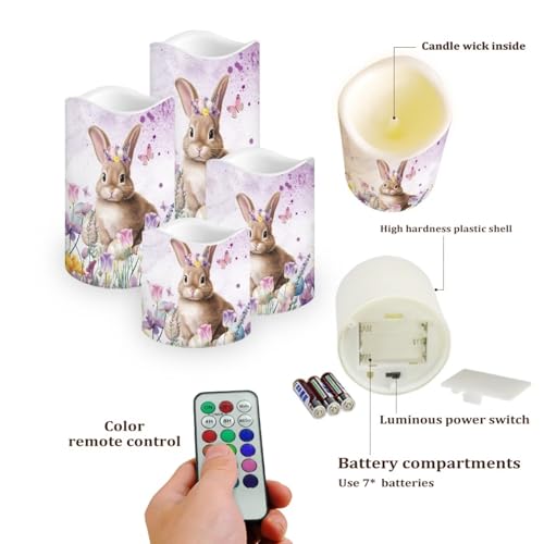 Image of Easter Cute Bunny Purple Floral Plastic Flameless Candles with Remote Control and Timer LED Flickering Battery Operated Color Changing Electric Pillar Candles Easter Decoration
