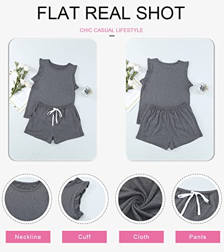 Image of Dokotoo Girls Summer Casual Cute T-Shirt Shorts Set Outfits Ruffle Sleeve Crew Neck Solid Stretchy Shorts Fashion Clothing with Side Pockets 2025 Size 8-9 Gray