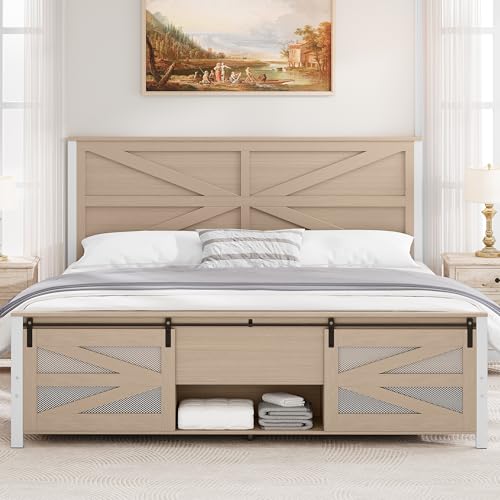 YITAHOME King Size Farmhouse Bed Frame with Sliding Barn Door Storage Cabinets, Platform Bed Frames with 47.2