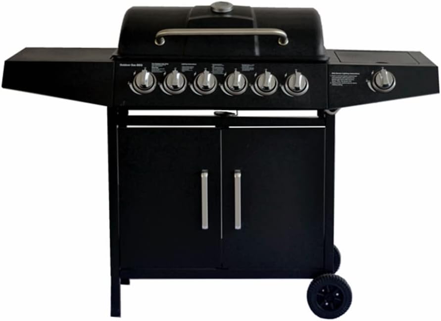 Barbecue 6+1 a gas, con vassoio raccogli olio, tavoli laterali, coperchio e ruote, per giardino, terrazza, campeggio Barbecue 6+1 a gas, con vassoio raccogli olio, tavoli laterali, coperchio e ruote, per giardino, terrazza, campeggio