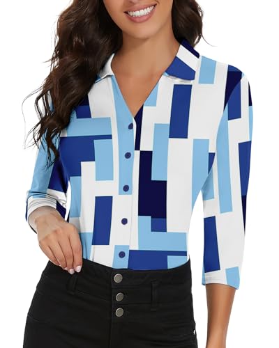 Image of Soneven Womens Golf Polo Shirts 3 /4 Long Sleeve V Neck Button Down Shirts Business Causal Work Blouses Tops