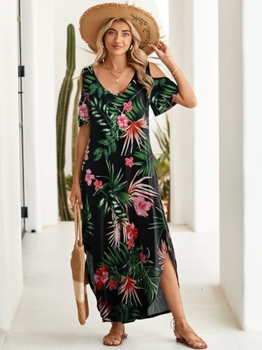 Image of BELAROI Womens Cold Shoulder Maxi Dress Plus Size V Neck Summer Sundresses with Pockets Beach Coverup Vacation Outfits