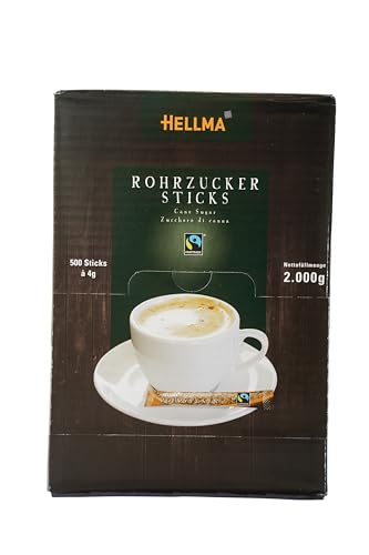 Hellma Fairtrade brauner Rohrzucker-Sticks 500 Stk. je 4 g - 2 kg Vorrats-Box - Zuckertütchen einzeln, für Kaffee, Tee