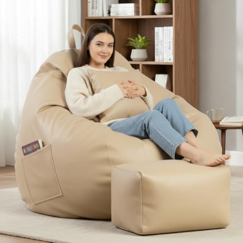 Image of KAM'S LIEU 5XL Luxury Faux Leather Bean Bag with Footrest & Cushion | Pre-Filled High-Density Polystyrene Beans | Premium Leatherette | 6 Months Warranty Color- (Beige, Without Footrest)
