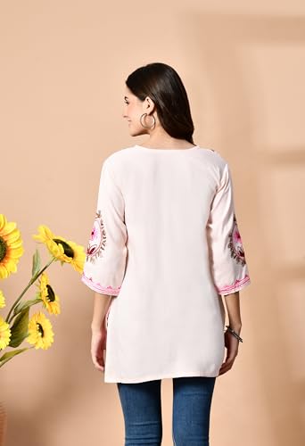 Image of LIBOZA Embroidered Kashmiri Tunic Top, Short Kurti for Women on Jeans, V-Neck, 3 /4 Sleeve, Floral Design,