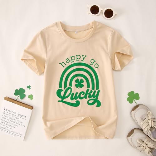 Image of Boys Girls St Patricks Day Shirts Kid Happy Go Lucky Shamrock T-Shirt Short Sleeve Clover Tees Tops Irish Outfit(Beige,9-10Y)
