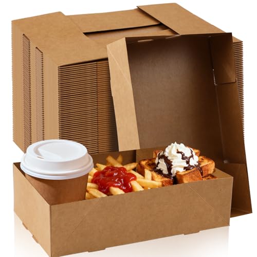 50 Pack Kraft Paper Food Tray, Large Foldable Cardboard...