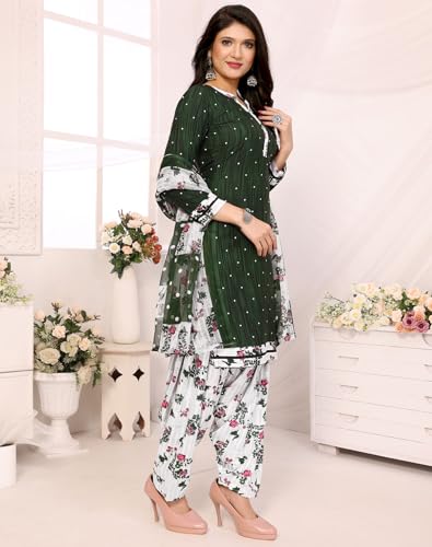 Image of Yashika Women's Printed Dress Material - Unstitched Crepe Fabric Kurti, Pants & Dupatta Suit Set (AZ-YS-P4-ABHILASHA GREEN), Free Size