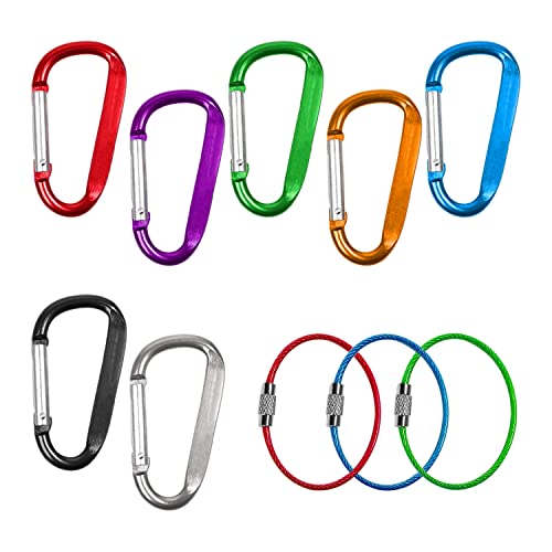 Karabiner-Set; 7 D-Typ-Karabiner aus Aluminiumlegierung, 3 farbige Drahtseile; für Camping, Wandern, Angeln, Reisen, Wohnmobil, Outdoor-Zubehör (7 Farben)