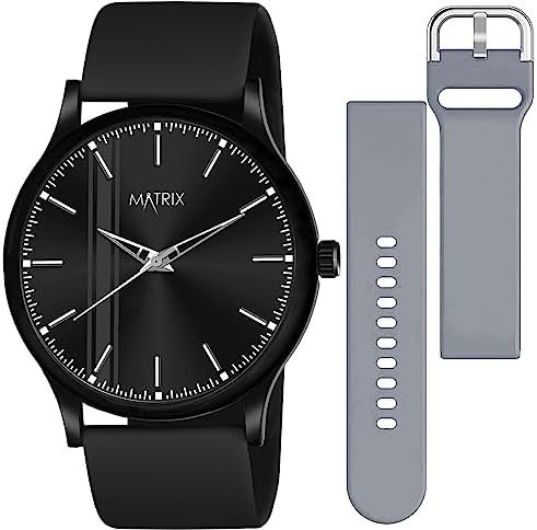 Matrix Swap Analog Black Dial Watch with Interchangeable Straps for Men & Boys, Black & Grey, Free Size, Classic