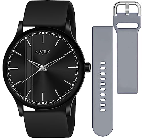 Image of Matrix Men Silicone Swap Analogue Black Dial Watch with Interchangeable Straps & Boys (Black & Grey), Band Color-Black