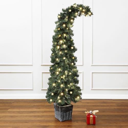 LuxenHome 5Ft Pre-Lit Leaning Top Green Artificial Potted Christm...