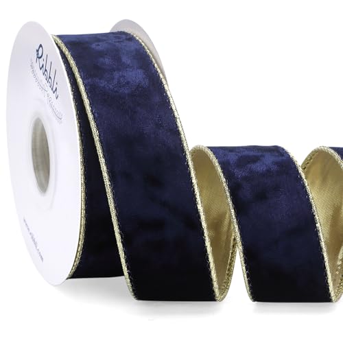 Image of Ribbli Navy Velvet Wired Ribbon 1.5 Inch Metallic Navy Blue Gold Crushed Velvet Christmas Ribbon for Gift Wrapping Christmas Tree Decoration Crafts Wreaths Supplies-Continuous 10 Yards
