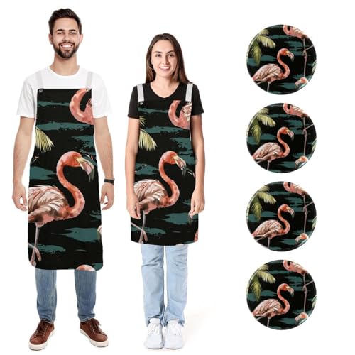 Tabliers de cuisine en lin lot de 2 réglables avec poches motif aquarelle flamant rose et cocotier