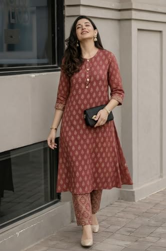 Image of ANNI Designer Kurta Set for Women Viscose Printed | Kurti Set for Woman | Kurta Pant Set | 2 Piece Set Women | Mandarin Neck 3 /4 Sleeve Regular Fit Stylish Ethnic Outfit Clothing
