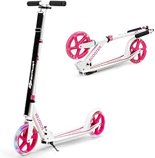 COSTWAY Folding Kick Scooter, 2 Flash Wheels Scooter with 3-Level Adjustable Handlebar, Rear Foot Brake and Carrying Strap, Sports Scooters for Kids Teens Adults