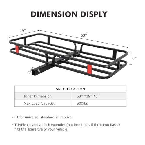 Image of 500LBS Heavy-Duty Hitch Cargo Carrier for Trucks SUVs, Non-Folding Steel Cargo Rack, Rustproof Coated for Construction, Camping - 53x19x6 Inch, Black