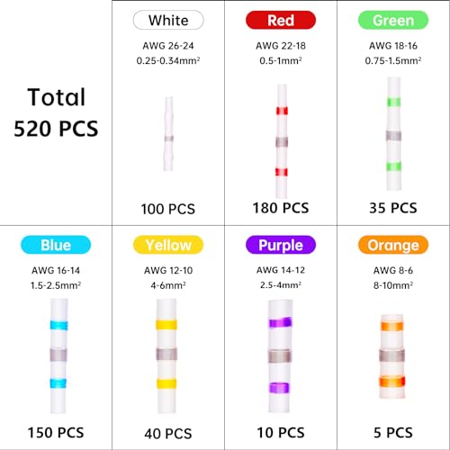 Upgraded 520PCS Solder Stick Wire Connectors with Heat Gun 450W, Solder Seal Wire Connectors Solderstick Waterproof Wire Connector Kit for Marine (26-6 Gauge)