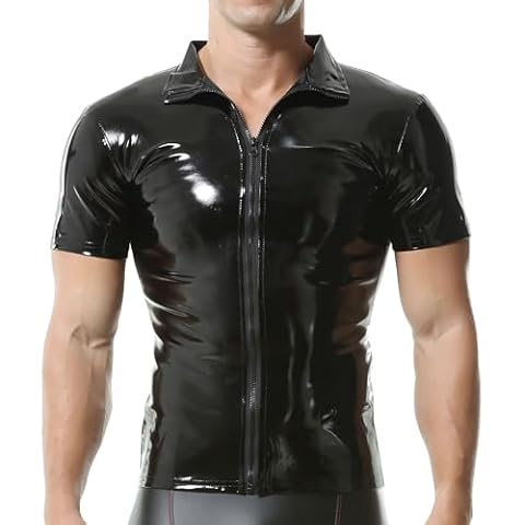 QiaTi Men's Faux Leather Polo Shirts Men Short Slevees Tops with Zipper Muscle Fit Collared Shirts for Casual Workout Shirts Cover