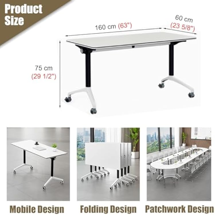 Modern Folding Conference Table, Rolling Portable Meeting Tables with Silent Locking Wheels, Large Rectangular Training Table for Conference Room(63x24x30in)