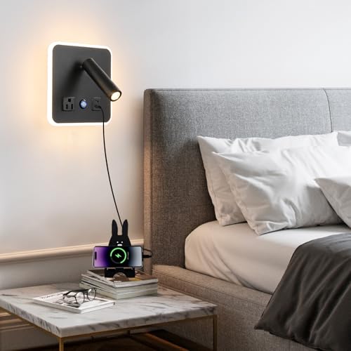 CNMYKYDS LED Wall Mounted Lamp and Reading Light 2-in-1 Multifunctional Wall Sconces. LED Wall Lamp Plug in for Bedroom Bedside Wall Sconces Reading Light for Headboard 3000K (Black)
