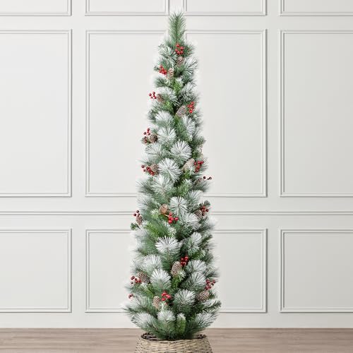 CHRISTOW 6ft Pencil Christmas Tree with Snow Pine Cones & Berries, Luxury Artificial Slim Spruce with Stand, Indoor Home Decoration, Natural Looking PE & PVC Needles (tree skirt not included)