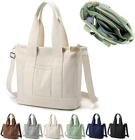 YILCER Multi-Pocket Tote Bag with Zipper, Canvas Japanese Handmade Handbag with Compartments, Multifunction Satchels Bag for Women Ladies Univisity School Work Travel