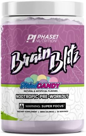 Brain Blitz 350mg Caffeine Nootropic Brain Support Pre Workout | Focus, Energy, Mind Muscle Connection, Nitric Oxide Pump | with Beta Alanine, L-Citrulline, L-Theanine | Phase 1 Nutrition (Mind Candy)