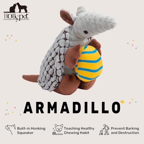 Image of Hollypet Plush Dog Squeaky Toy Stuffed Armadillo Animal Pet Puppy Chew Toys with Clean Teeth for Small Medium Large All Breed Sizes Dogs, Gray, 8 in, Yellow Egg with Blue Stripes